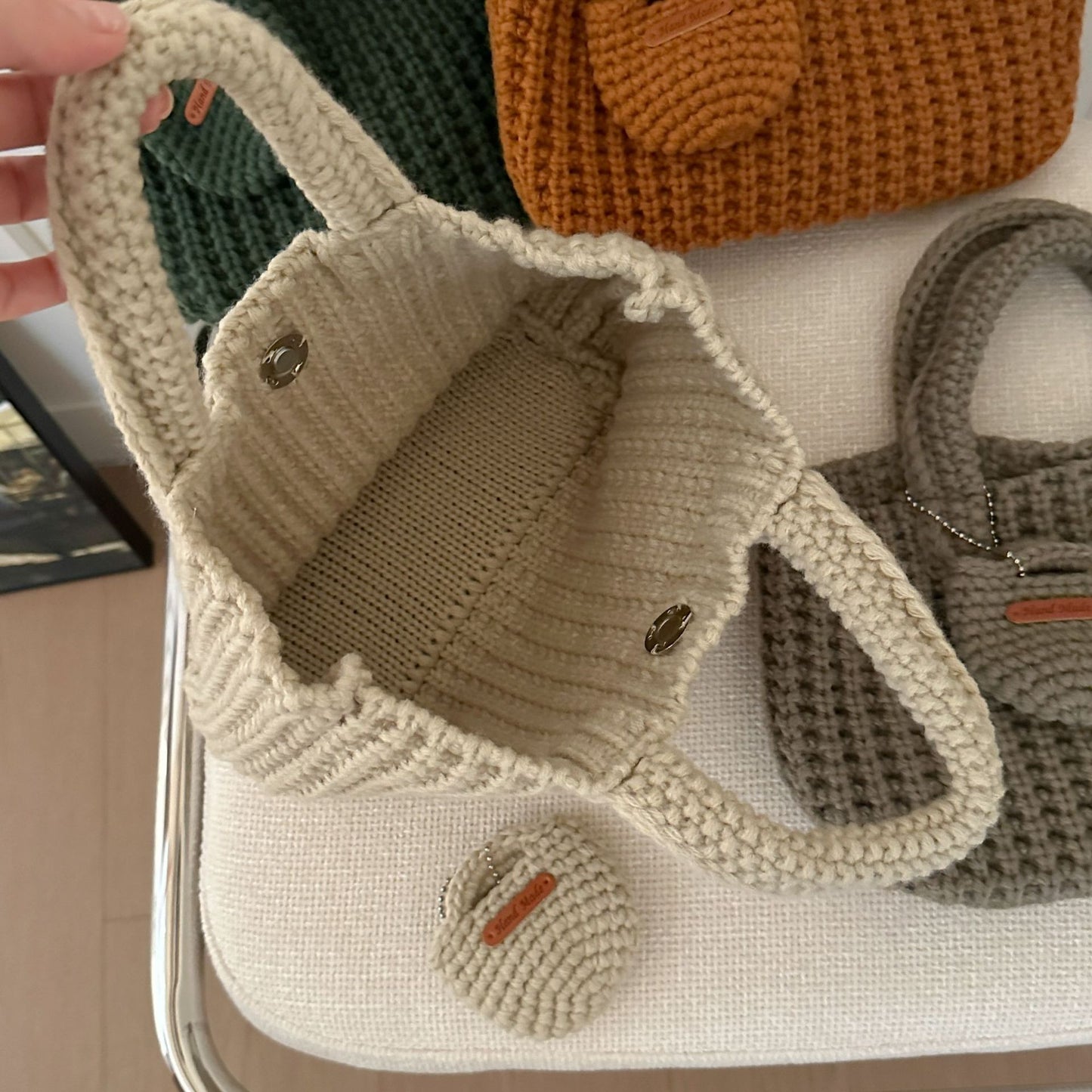 Light Green Handcrafted Crochet Tote Bag – Vintage-Style Woven Cotton-Yarn Look Bag