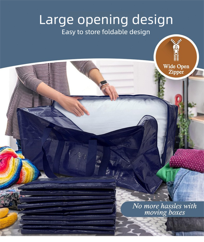 1 Pack Extra Heavy Duty Large Moving Bags with Strong Zipper & Comfortable Handles, Sturdy & Durable Clothes Storage Bags Totes Bins,  Packing Moving Boxes for Clothes, Bedding, Dorm & Travel, Dark Blue