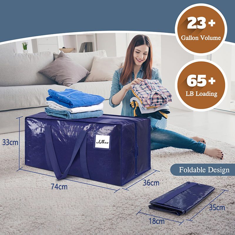 2 Pack Extra Heavy Duty Large Moving Bags with Strong Zipper & Comfortable Handles, Sturdy & Durable Clothes Storage Bags Totes Bins,  Packing Moving Boxes for Clothes, Bedding, Dorm & Travel, Dark Blue