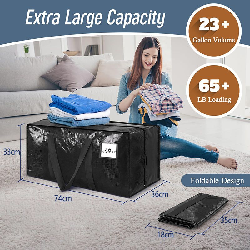 2 Pack Extra Heavy Duty Large Moving Bags with Strong Zipper & Comfortable Handles, Sturdy & Durable Clothes Storage Bags Totes Bins,  Packing Moving Boxes for Clothes, Bedding, Dorm & Travel, Black