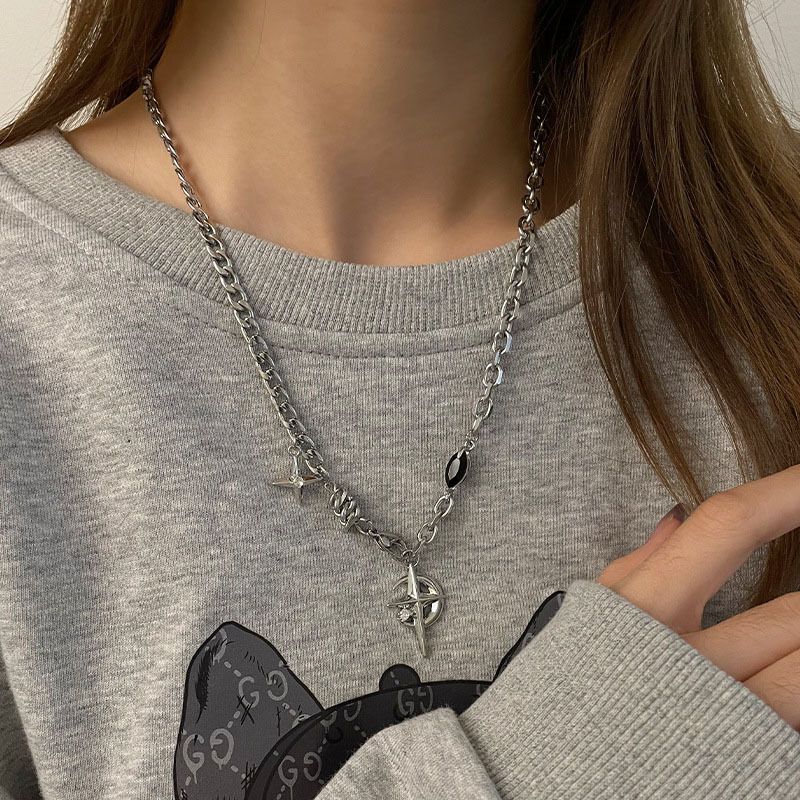 Silver Hip-hop style titanium steel black gemstone spliced star cross necklace, unisex trendy streetwear design collarbone chain