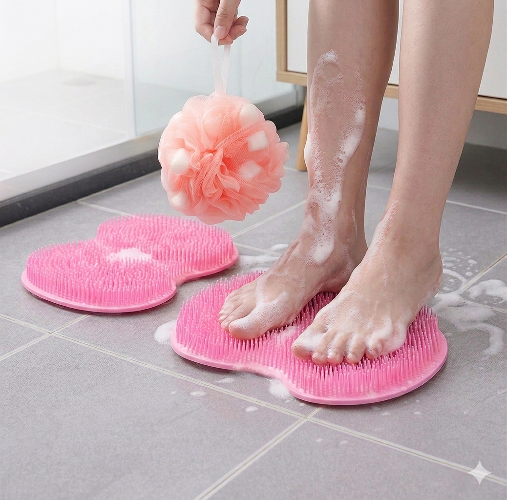 Pink 3-piece set  (2-Pack Silicone Foot & Back Scrubber Mat with Suction Cups + 1 Premium Lace Bath Loofah Sponge Set) - Non-Slip Foot Massager & Exfoliating Shower Set