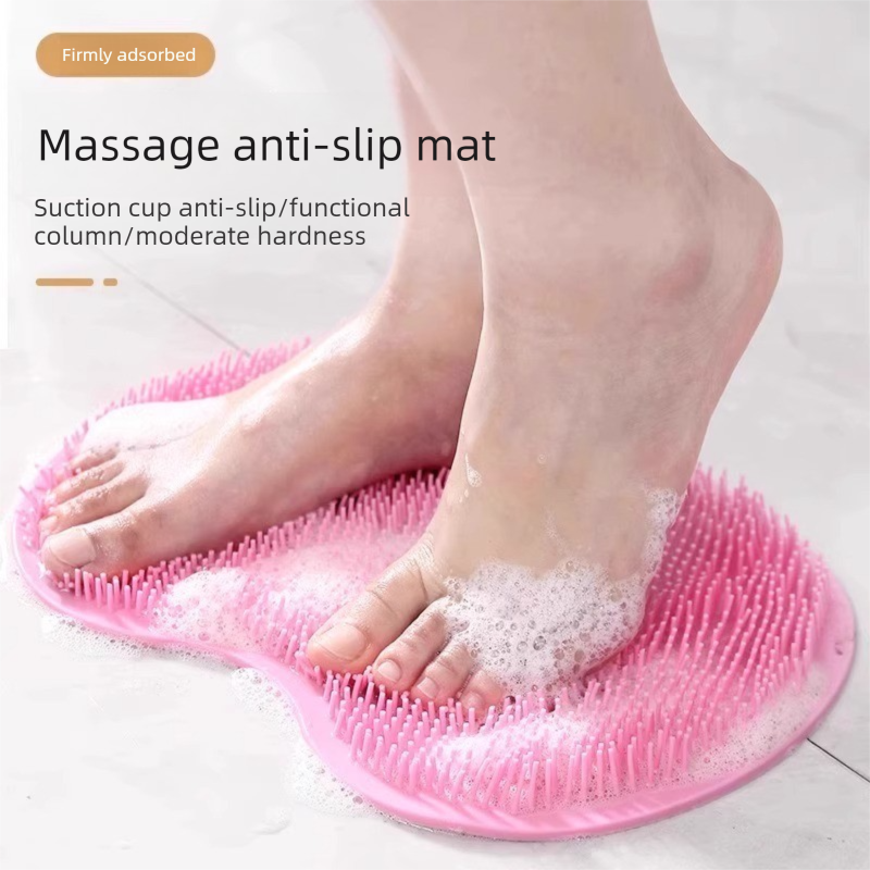 Pink 3-piece set  (2-Pack Silicone Foot & Back Scrubber Mat with Suction Cups + 1 Premium Lace Bath Loofah Sponge Set) - Non-Slip Foot Massager & Exfoliating Shower Set