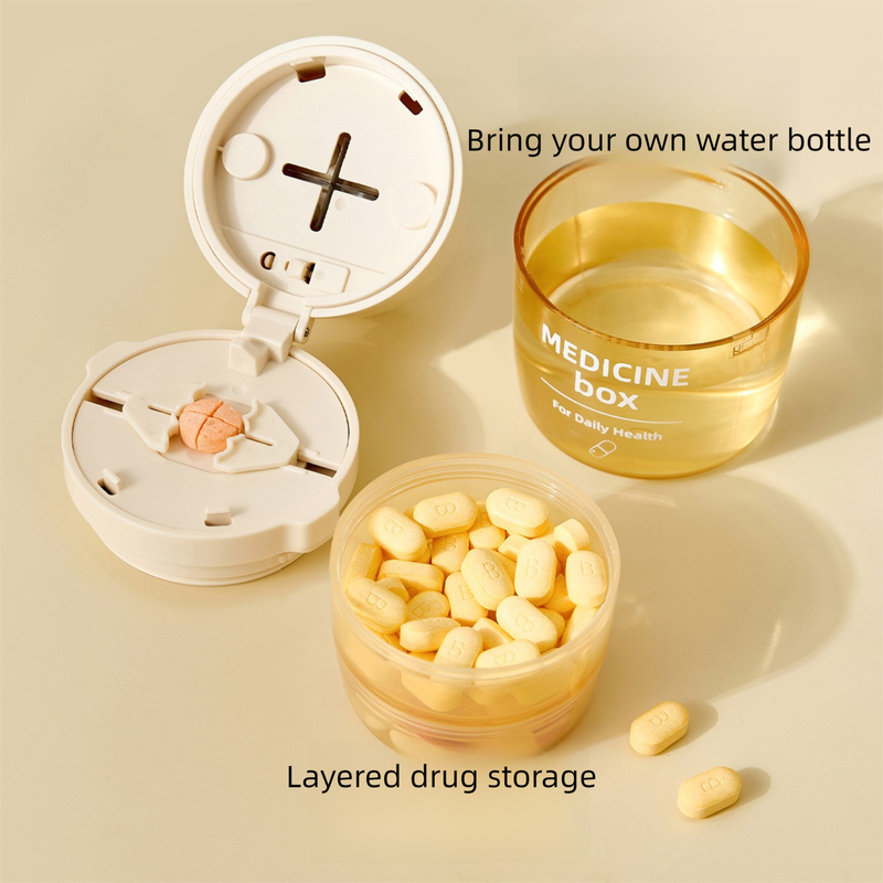 Beige 3-in-1 Pill Cutter, Crusher & Organizer Box with Built-in Water Cup - Portable Medicine Storage Container with Precision Quarter/Half Splitter