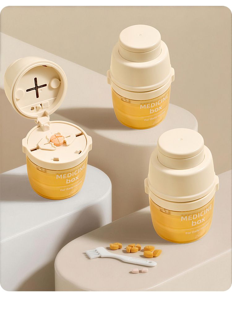 Beige 3-in-1 Pill Cutter, Crusher & Organizer Box with Built-in Water Cup - Portable Medicine Storage Container with Precision Quarter/Half Splitter