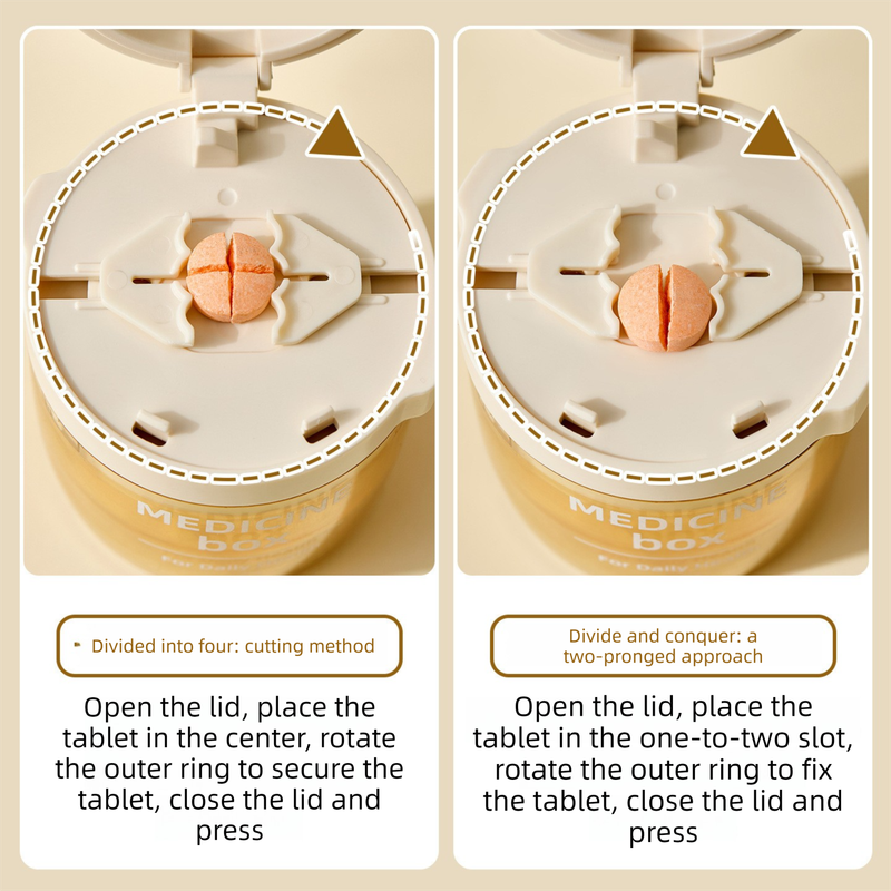 2 Pcs Beige 3-in-1 Pill Cutter, Crusher & Organizer Box with Built-in Water Cup - Portable Medicine Storage Container with Precision Quarter/Half Splitter