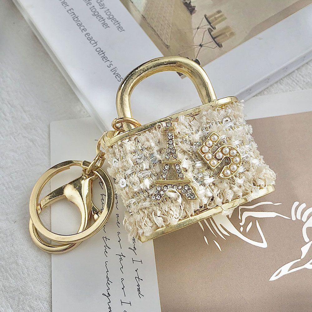 Beige Sparkling Rhinestone Lock Keychain - 3D Mini Handbag Charm with Alloy & Canvas Detail, Perfect Gift for Her