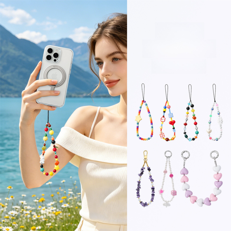 YKA-8 Trendy Double-Clasp Beaded Phone Wrist Strap - Colorful Acrylic & Metal Anti-Loss Lanyard with Spacer Gift