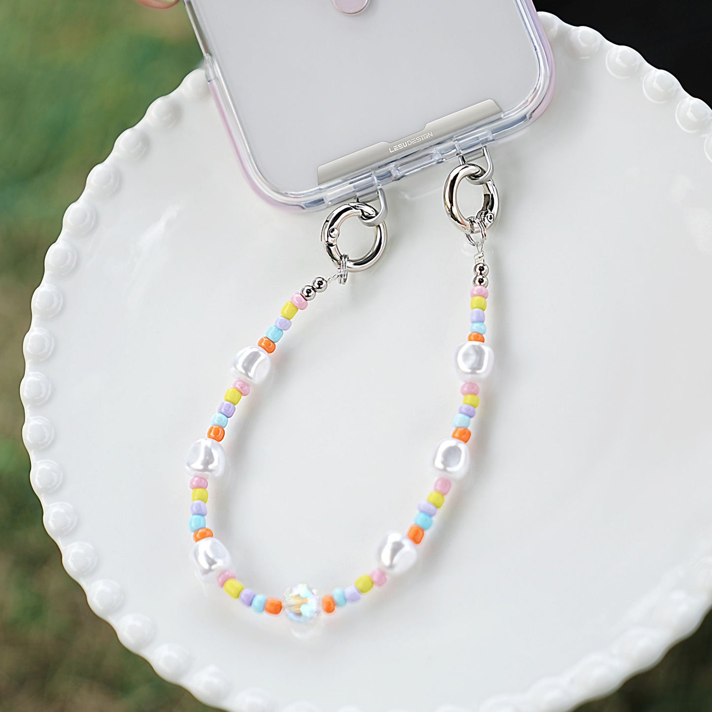 PFSKA17 Trendy Double-Clasp Beaded Phone Wrist Strap - Colorful Acrylic & Metal Anti-Loss Lanyard with Spacer Gift