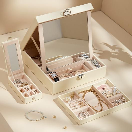White Large PU Leather Jewelry Box with Mirror & Lock - Velvet Lined Organizer for Rings, Necklaces & Watches