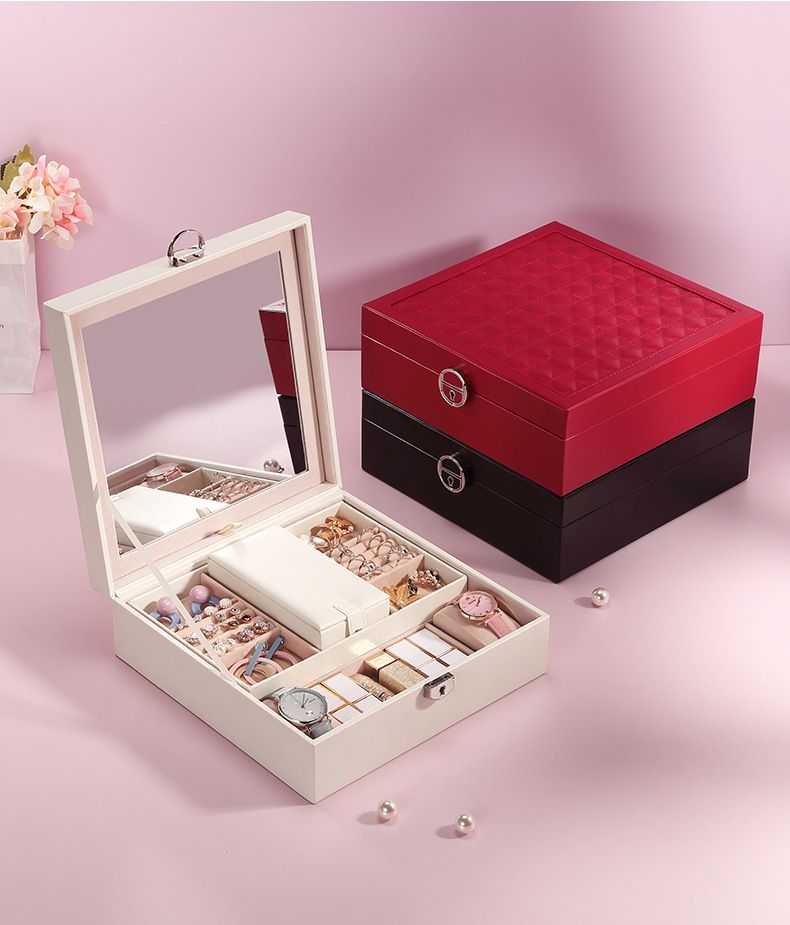 Red Large PU Leather Jewelry Box with Mirror & Lock - Velvet Lined Organizer for Rings, Necklaces & Watches