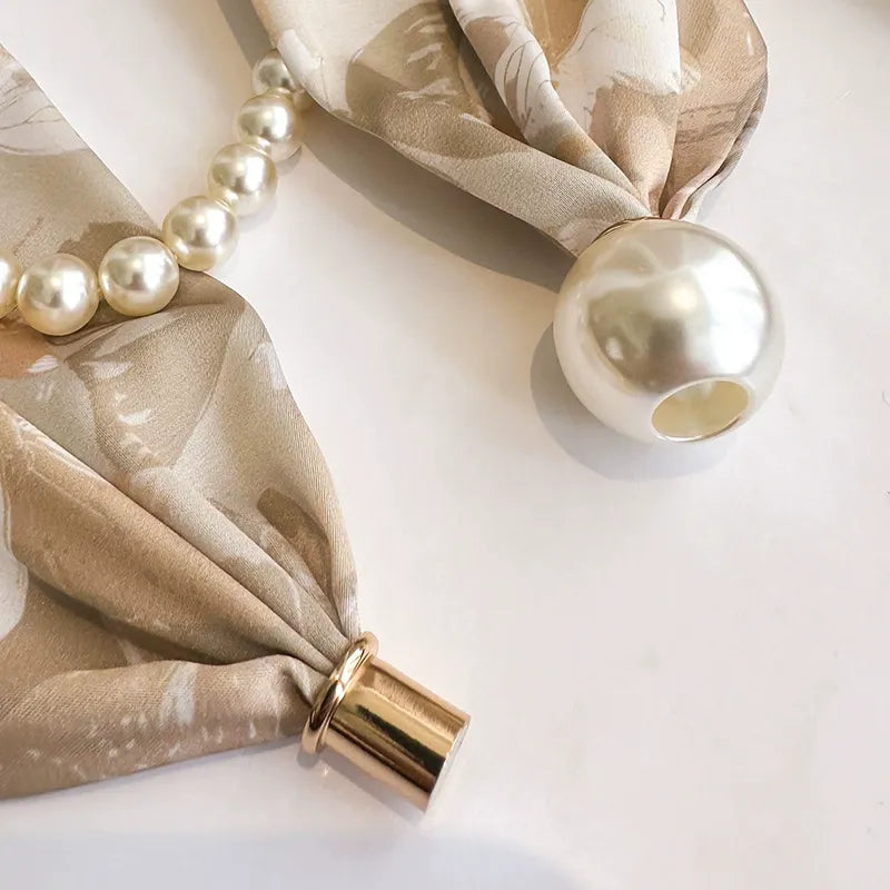 Beige 2-in-1 Magnetic Pearl Scarf & Necklace Set - Floral Print Polyester Neck Wrap with Detachable Bead Chain