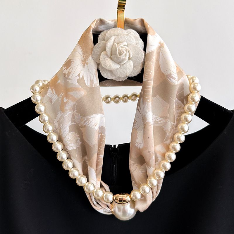 Black flowers 2-in-1 Magnetic Pearl Scarf & Necklace Set - Floral Print Polyester Neck Wrap with Detachable Bead Chain