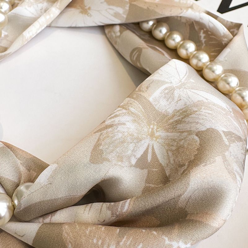 Green leaf pattern 2-in-1 Magnetic Pearl Scarf & Necklace Set - Floral Print Polyester Neck Wrap with Detachable Bead Chain