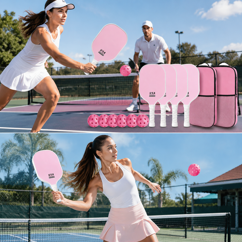 Pink Fiberglass Pickleball Paddle Set - 4 Minimalist Paddles, 8 Balls, and 2 Carry Bags for Outdoor Play