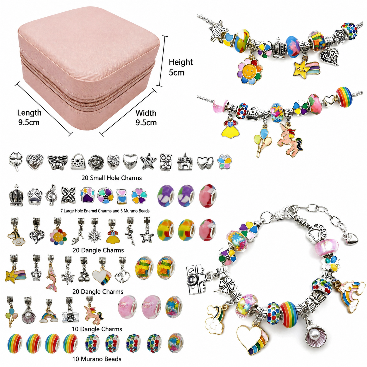 Pink Kids DIY Bead Jewelry Making Kit - 68 Pcs Alloy & Plastic Charm Bracelet & Necklace Set with Storage Box, Creative Birthday Gift for Girls