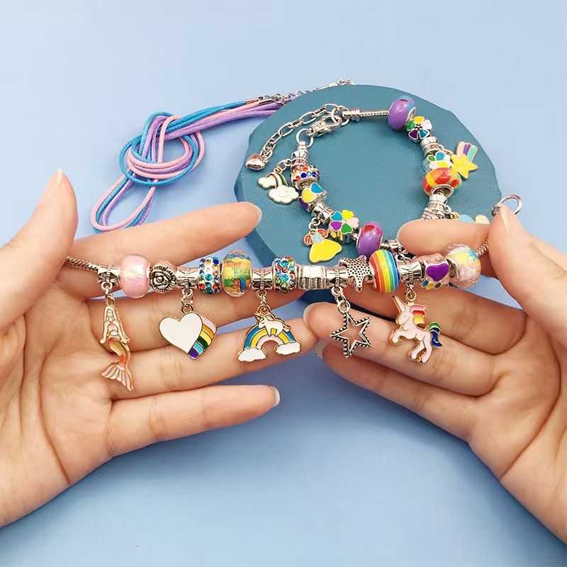Red Kids DIY Bead Jewelry Making Kit - 68 Pcs Alloy & Plastic Charm Bracelet & Necklace Set with Storage Box, Creative Birthday Gift for Girls