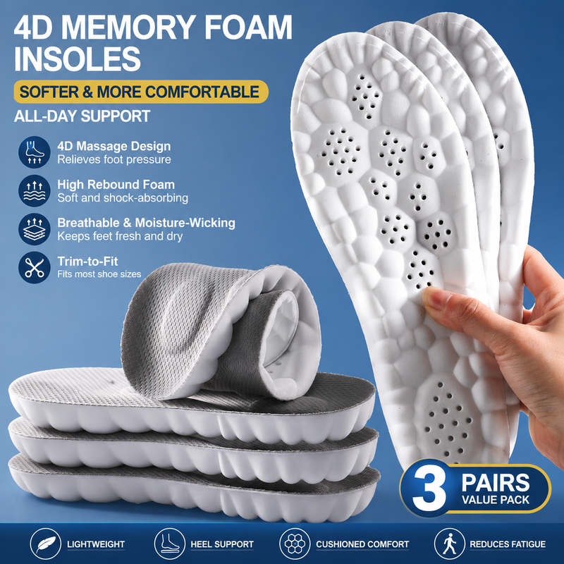 3 Pairs Grey 4D Cloud Insoles for Men and Women Insoles Super Soft Anti-Fatigue, Shock Absorption, Relieve Foot Pain  (AU 8–9 )