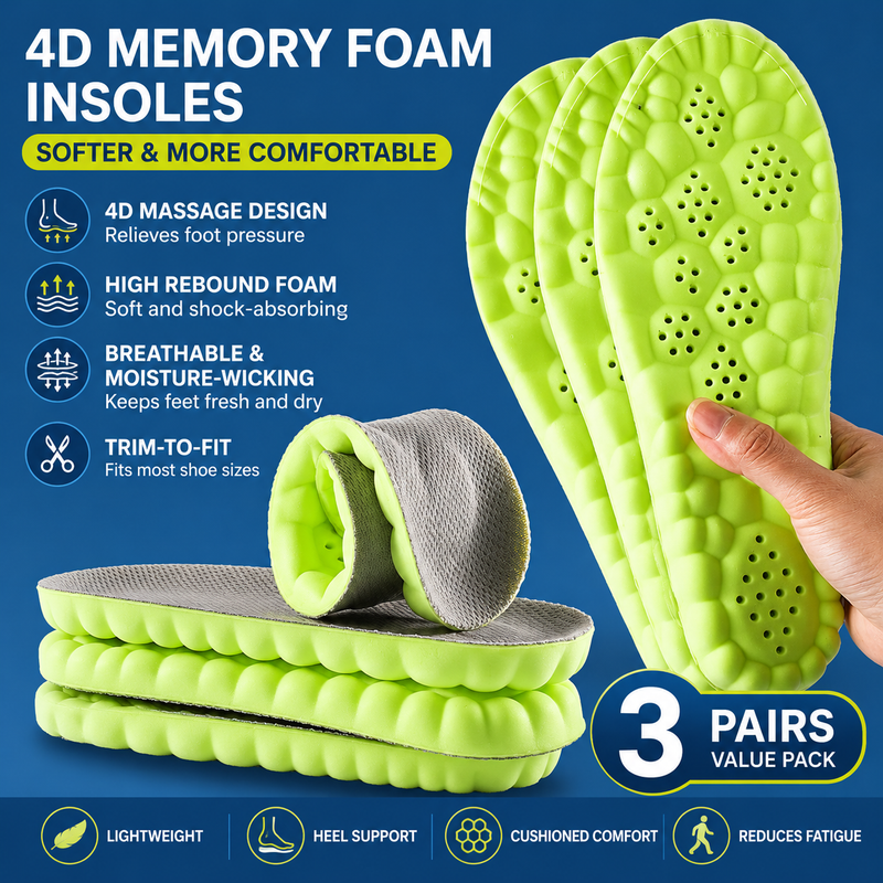 3 Pairs Green and Grey 4D Cloud Insoles for Men and Women Insoles Super Soft Anti-Fatigue, Shock Absorption, Relieve Foot Pain  (AU 12–13)