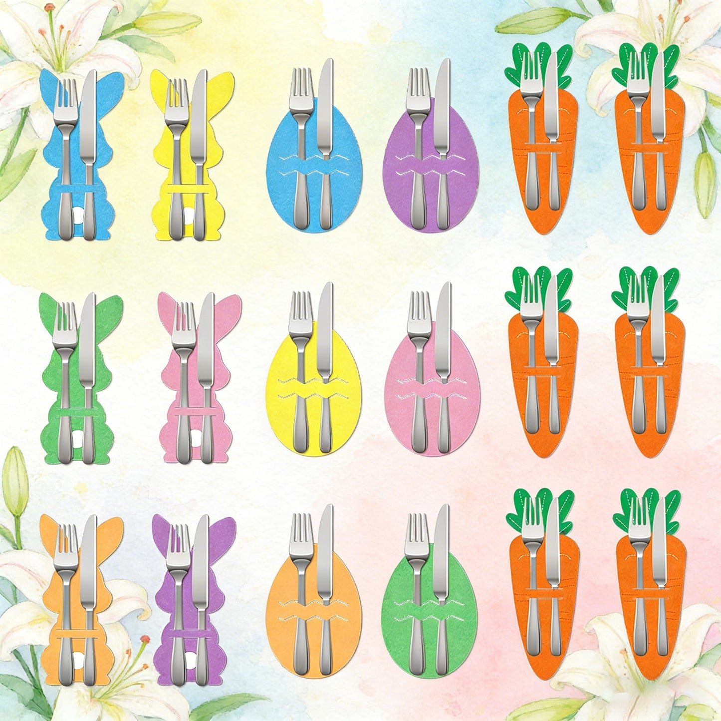 Carrot 18-Piece Easter Cutlery Holders Set – 3 Identical Sets of 6, Festive Tableware Decor for Holiday Dining and Party Use