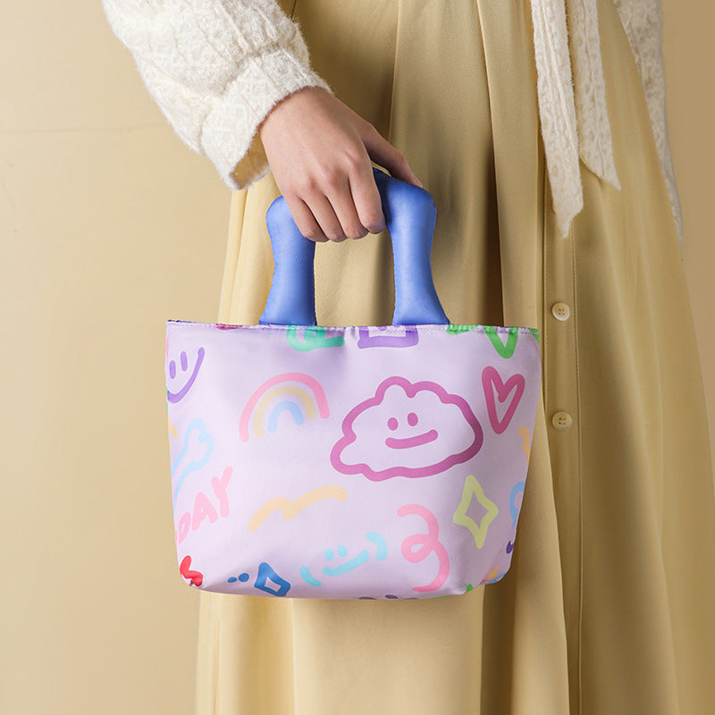 Purple Insulated Lunch Bag – Multi-Color Printed Tote with Padded Handle for Students & Office Workers
