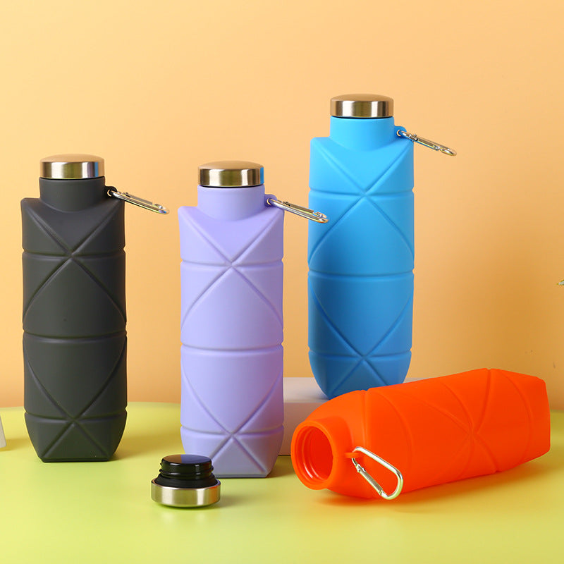 Blue 700ml Collapsible Silicone Water Bottle with Diamond Pattern - Food-Grade Portable Sports Bottle for Hiking, Camping, Travel & Gym - Leak-Proof Foldable Design with Carabiner Clip