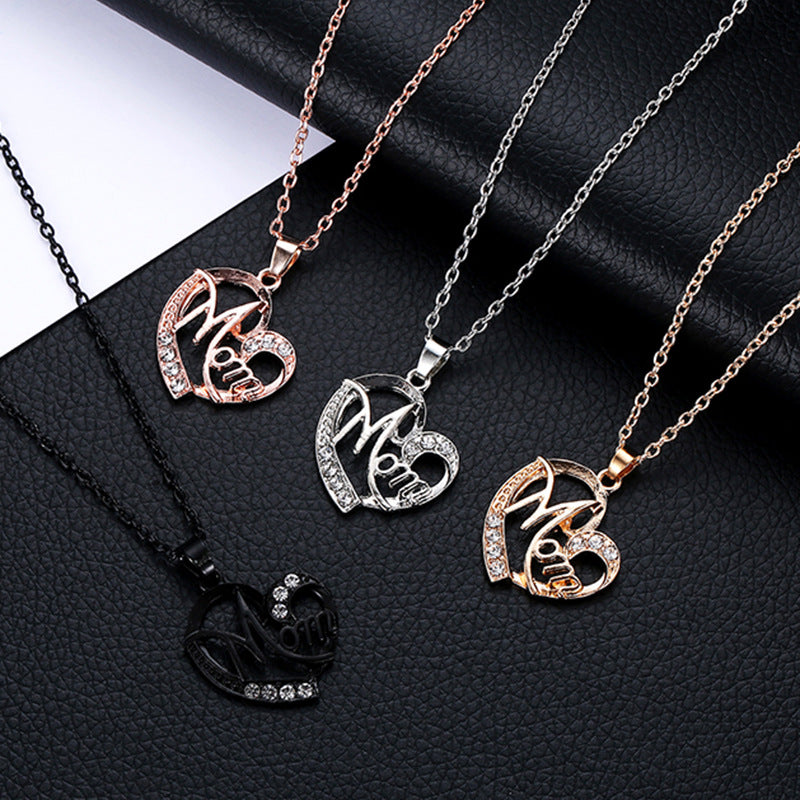 Yahai MOM Heart Pendant Necklace with Rhinestones - Adjustable 47+5cm Chain, Lightweight Alloy Jewelry for Mother's Day Gift, Everyday Wear & Special Occasions - Elegant Letter Design for Women