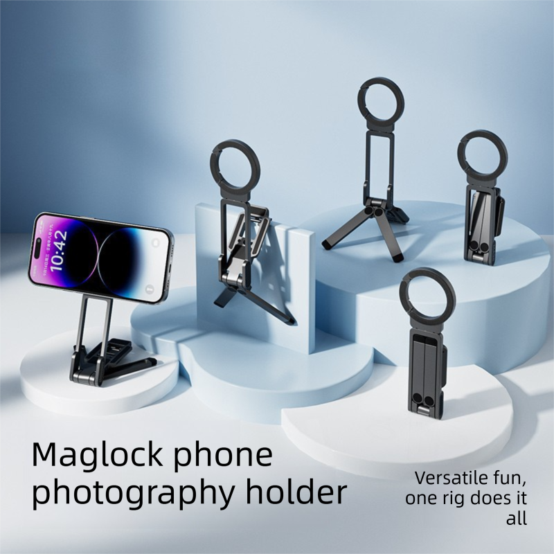 Black Portable Magnetic Phone Mount with MagLock - Multi-Functional Foldable Tripod Stand for Desktop, Travel & Vlogging, Strong Dual Magnet Design for iPhone & Android