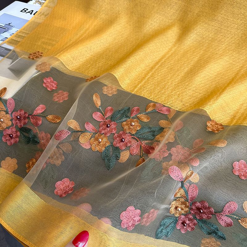 Dark Pink Elegant Embroidered Begonia Flower Long Scarf for Women - Beaded Faux Silk Shawl with Floral Design, Lightweight Sunscreen Wrap for Spring Autumn Daily Wear