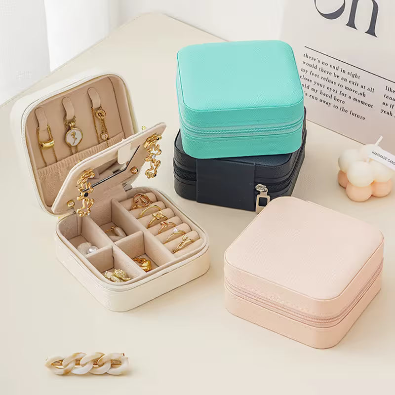 Pink Mini Travel Jewelry Box with Mirror - 10x10x5cm Portable PU Leather Organizer for Rings, Earrings, Necklaces, Anti-Tarnish Velvet Interior, Compact Design for On-the-Go Storage