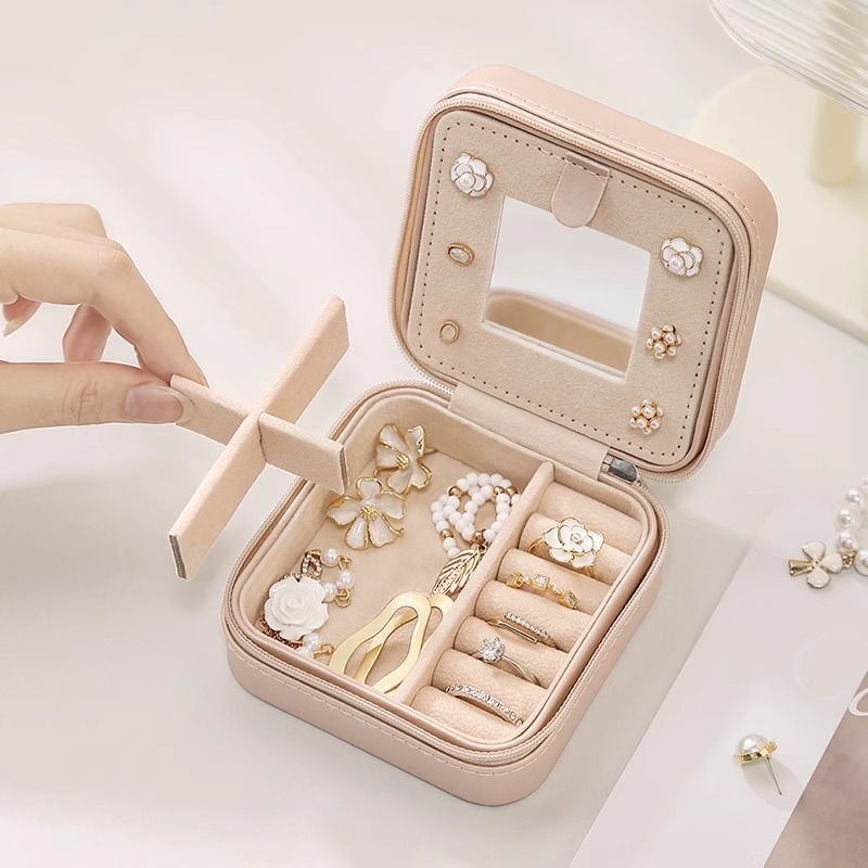 White Mini Travel Jewelry Box with Mirror - 10x10x5cm Portable PU Leather Organizer for Rings, Earrings, Necklaces, Anti-Tarnish Velvet Interior, Compact Design for On-the-Go Storage