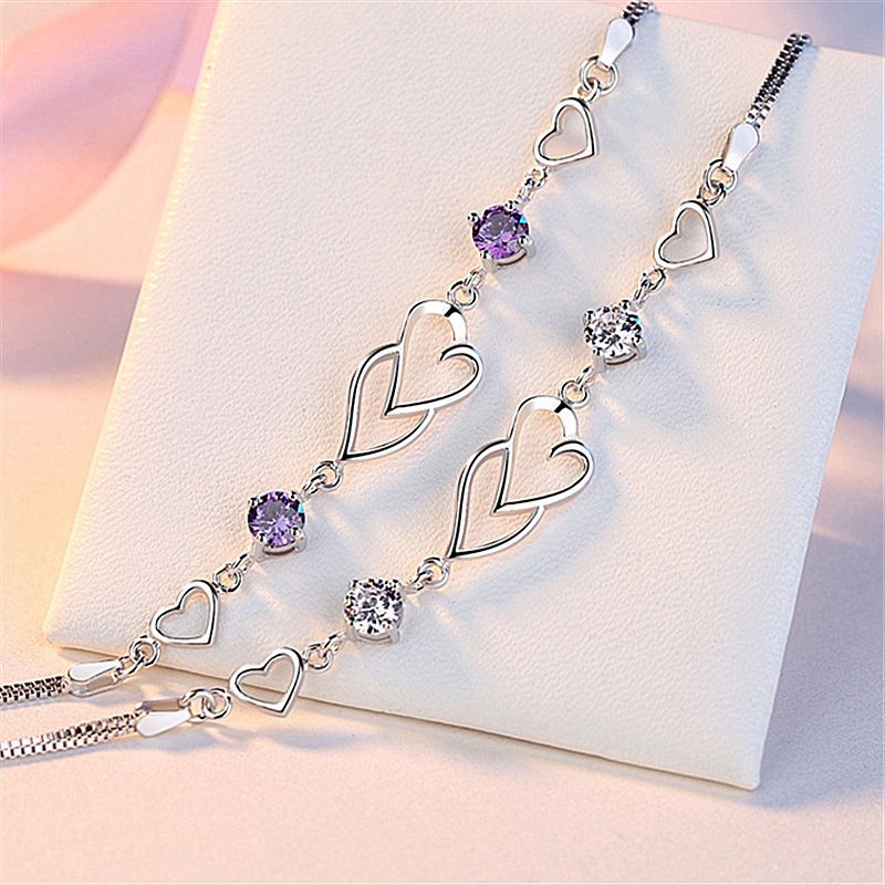 Heart-to-Heart Silver Plated Bracelet with Sparkling Rhinestones Elegant Romantic Jewelry for Women Includes Local Standard Gift Box for Special Occasions(3A White Diamond)
