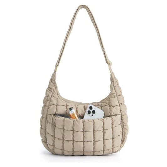 Khaki Ruched Cloud Shoulder Bag with Puffy Down Cotton Padded Dumpling Shape Lightweight Crossbody Handbag for Local Women Fashionable Daily Essential