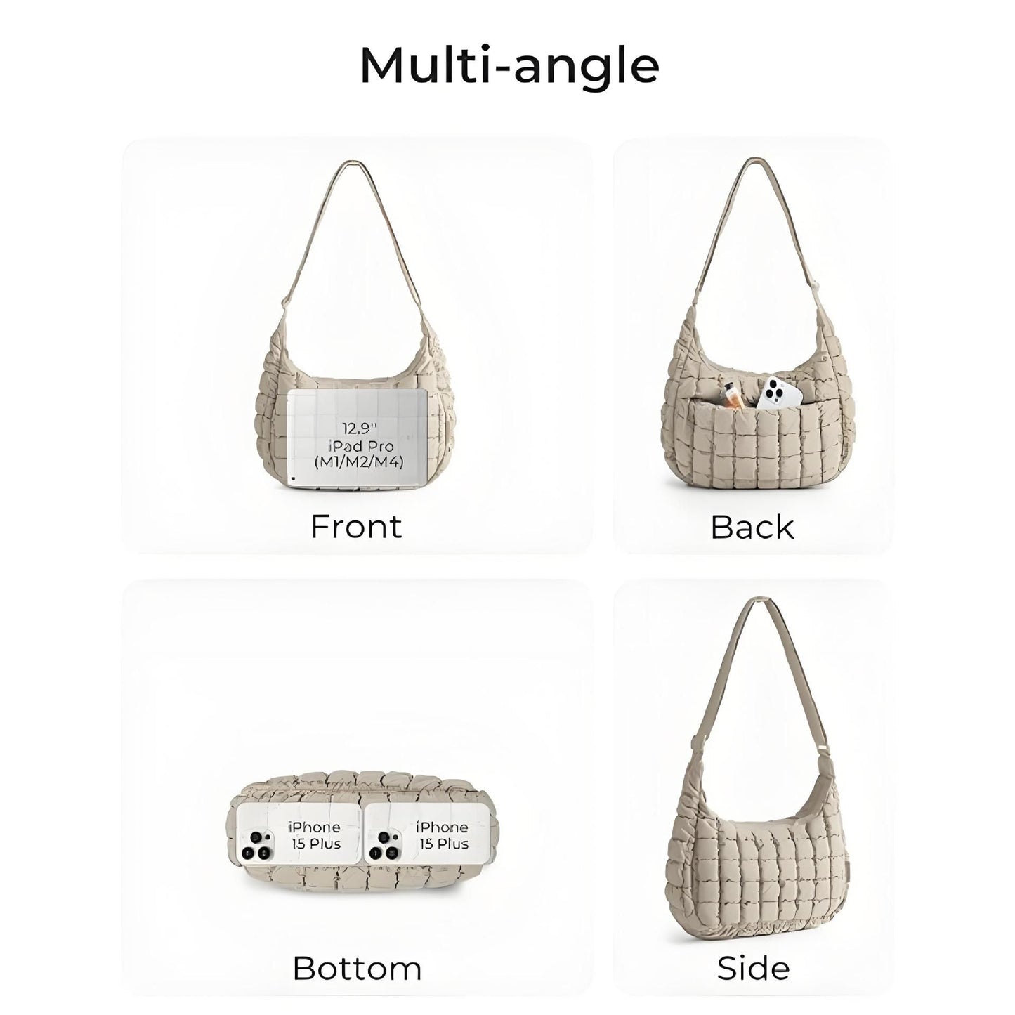 Khaki Ruched Cloud Shoulder Bag with Puffy Down Cotton Padded Dumpling Shape Lightweight Crossbody Handbag for Local Women Fashionable Daily Essential