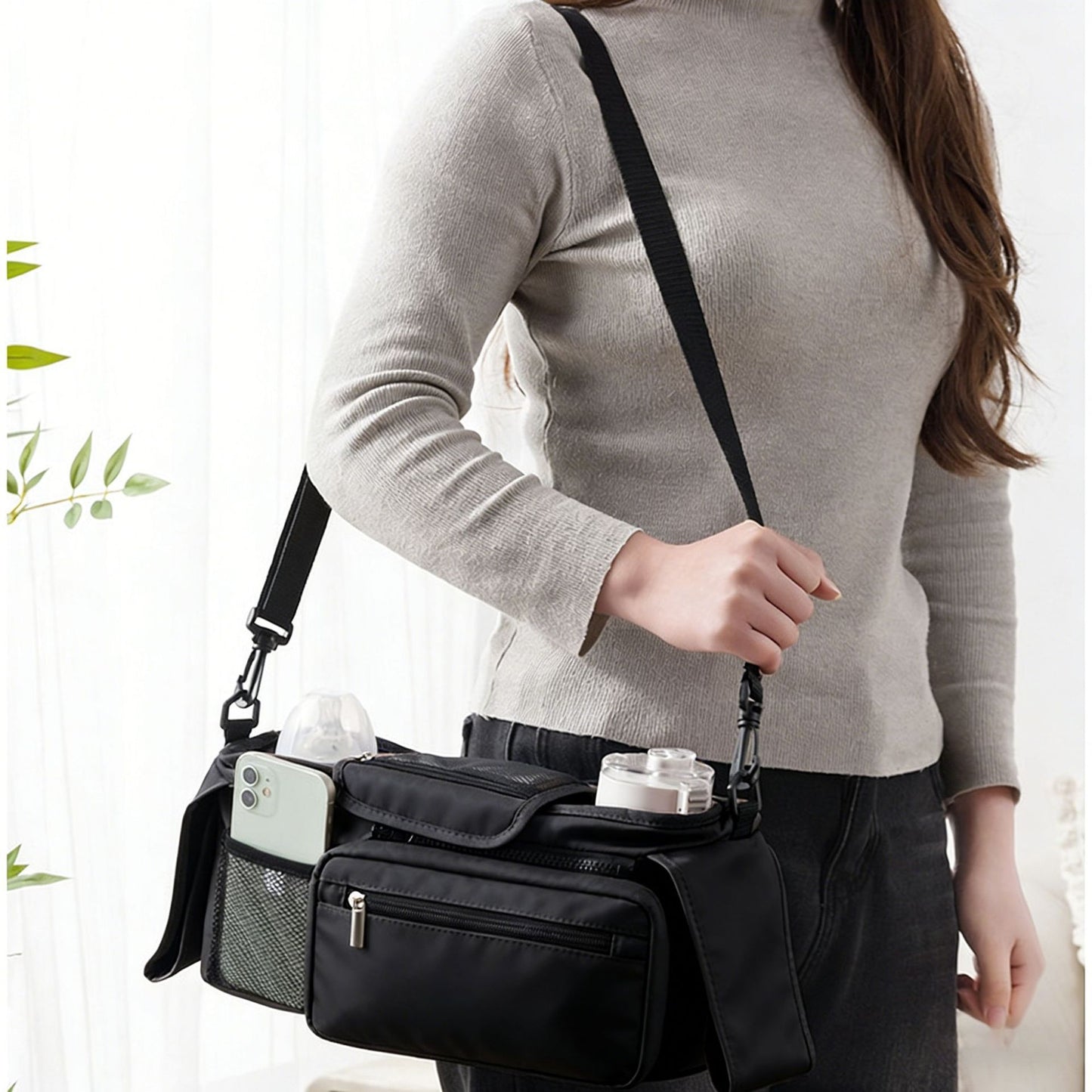 Black Universal Stroller Organizer Bag - Durable Water-Resistant Fabric - Dual Insulated Cup Holders, Large Capacity Storage Caddy for Diapers and Essentials, Fits Most Prams, Travel Friendly Solution