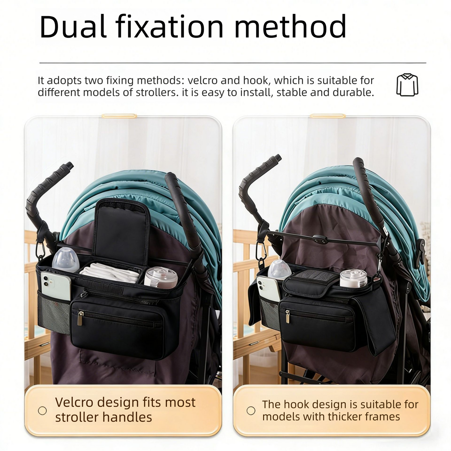 Black Universal Stroller Organizer Bag - Durable Water-Resistant Fabric - Dual Insulated Cup Holders, Large Capacity Storage Caddy for Diapers and Essentials, Fits Most Prams, Travel Friendly Solution