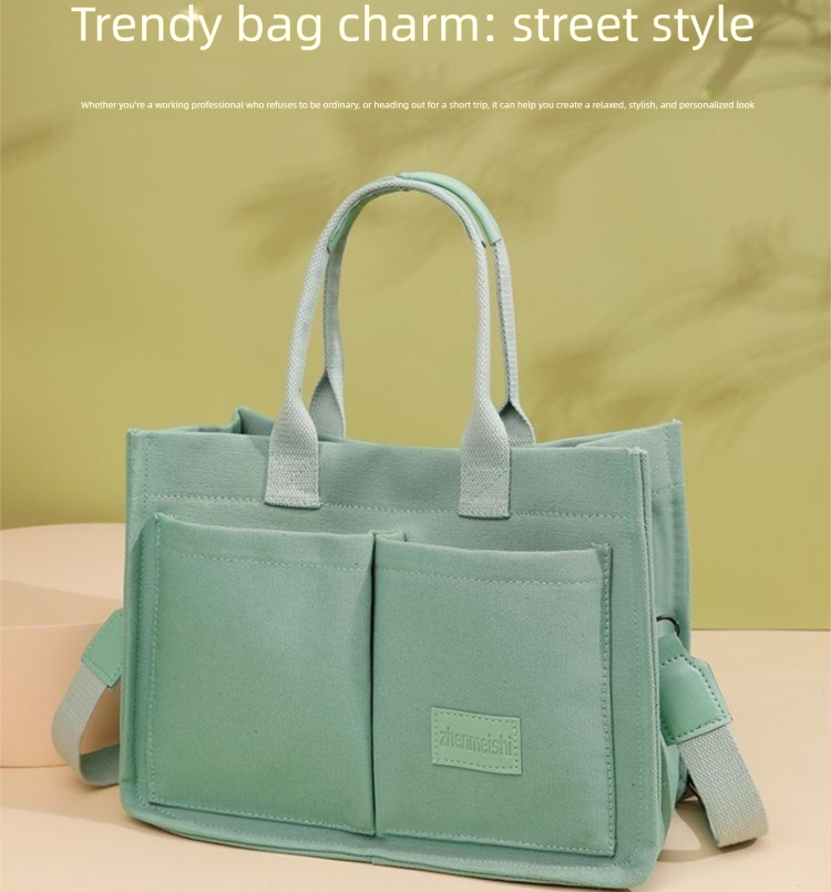 Beige Large Canvas Tote Bag for Women - Multi-Pocket Utility Organiser with Wide Adjustable Shoulder Strap - Trendy Crossbody and Handheld Bag for Work, Shopping and Travel - Daily Comfort Solution