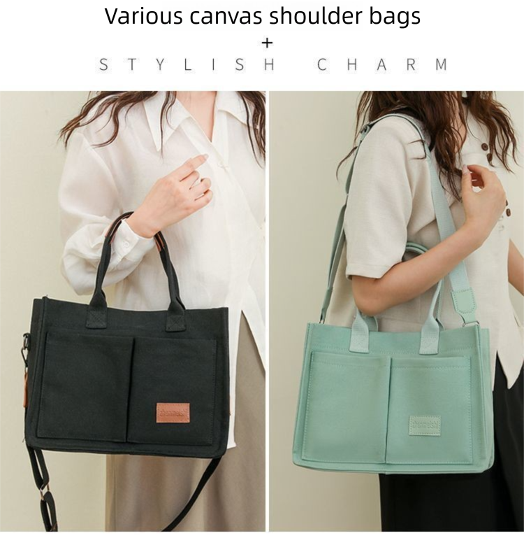 Black Large Canvas Tote Bag for Women - Multi-Pocket Utility Organiser with Wide Adjustable Shoulder Strap - Trendy Crossbody and Handheld Bag for Work, Shopping and Travel - Daily Comfort Solution