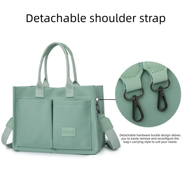Green Large Canvas Tote Bag for Women - Multi-Pocket Utility Organiser with Wide Adjustable Shoulder Strap - Trendy Crossbody and Handheld Bag for Work, Shopping and Travel - Daily Comfort Solution