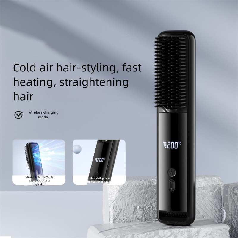 Yellow Wireless Rechargeable Hair Straightener Brush with LCD Display - USB-C Fast Charging, 3 Heat Settings, Cool Air Function - Portable Ceramic Heating Comb for Travel and Home Use
