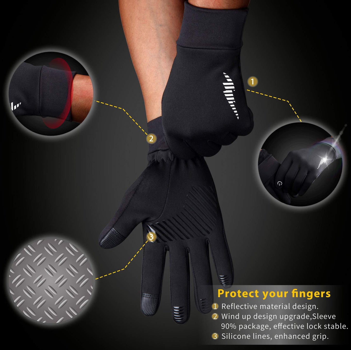Black Windproof Thermal Sports Gloves with Touchscreen Fingertips & Anti-Slip Palm Grip for Running & Cycling (SD-01 Buckle / XL Size)