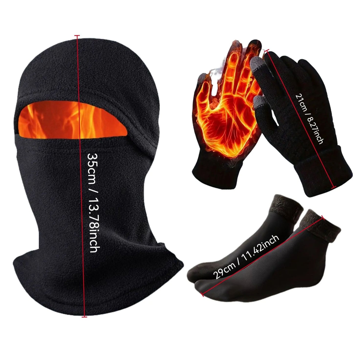 3-in-1 Black Winter Windproof and Thermal Sport Gear - Fleece Balaclava Hood, Touchscreen Gloves & Insulated Socks