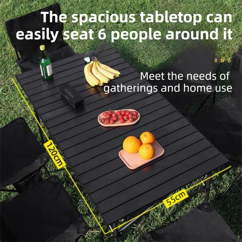120CM Black Portable Folding Egg Roll Camping Table with Storage Bag & Mesh Net- Heavy-Duty Carbon Steel Picnic Table for 6-8 People