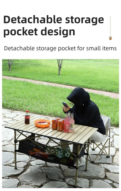 120CM Khaki Portable Folding Egg Roll Camping Table + 4-Pack 36CM Chairs with Storage Bag & Mesh Net- Heavy-Duty Carbon Steel Picnic Table for 6-8 People