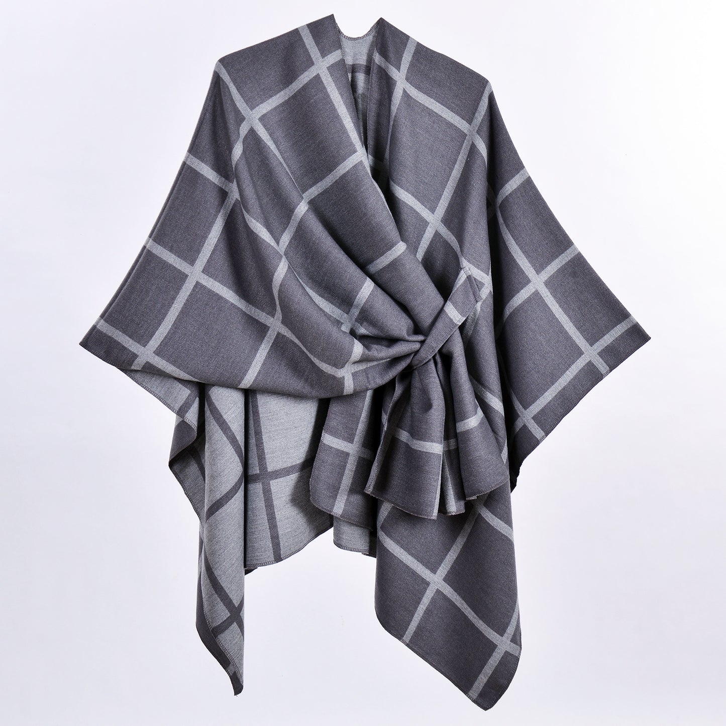 Grey Elegant Check Knit Travel Shawl with Stylish Side-Slit Design - Fall & Winter Luxurious Cashmere-Feel Pullover Cape (135 x 155 CM)