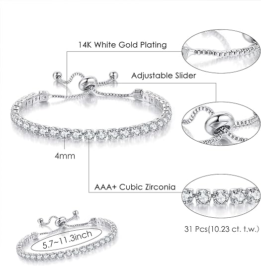 Silver High-Sparkle Cubic Zirconia Iced-Out Tennis Bracelet of Single Row & Double Row (5.7" to 11.3") - Minimalist Geometric Dainty Jewelry