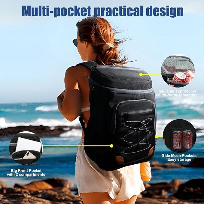 Light Grey 5.55 Gallons Large Insulated Picnic Backpack with Multi Pockets & Leak-Proof Interior - Multifunctional Waterproof Thermal Lunch Bag for Camping, Hiking & Outdoor Travel