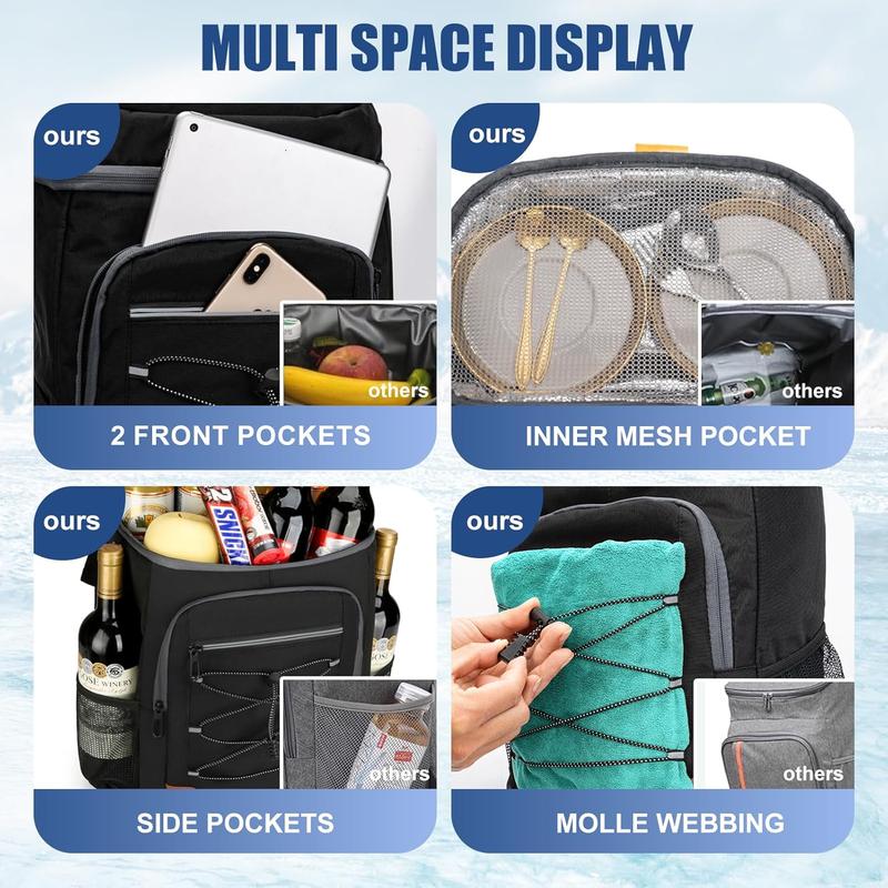 Black 5.55 Gallons Large Insulated Picnic Backpack with Multi Pockets & Leak-Proof Interior - Multifunctional Waterproof Thermal Lunch Bag for Camping, Hiking & Outdoor Travel