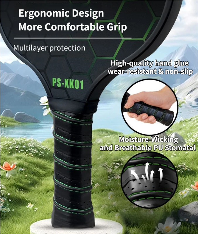 Black and Green Fiberglass Pickleball Paddle - 220g Lightweight Racket with Breathable PU Comfort Grip and Oversized Sweet Spot for Outdoor Play