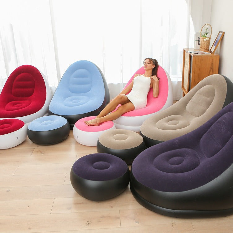 Purple Inflatable Flocked Lounge Chair & Ottoman Set with Foot Pump - Portable Ergonomic S-shaped Air Lounger for Indoor & Outdoor